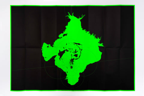 A rectangular black and neon green map within a neon green border 